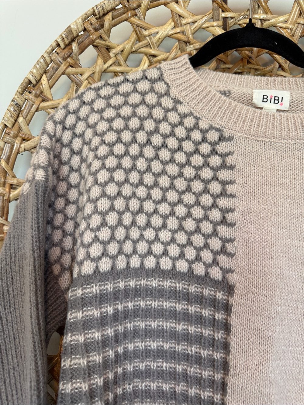 BiBi Patchwork Knit Sweater in Cream and Charcoal colors. - Picture 8 of 13